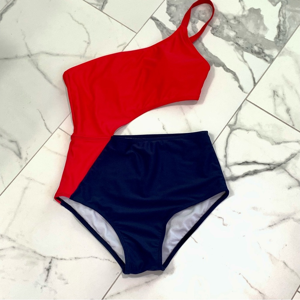 One Piece Sexy Cut Out Patriotic Colorblock Swimsuit Beachsissi M